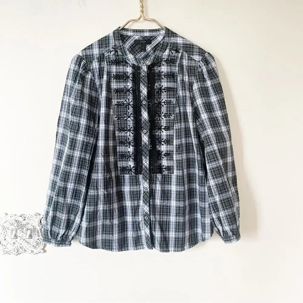 J. Crew Beaded Embellished Forest Green Tartan Plaid Shirt M